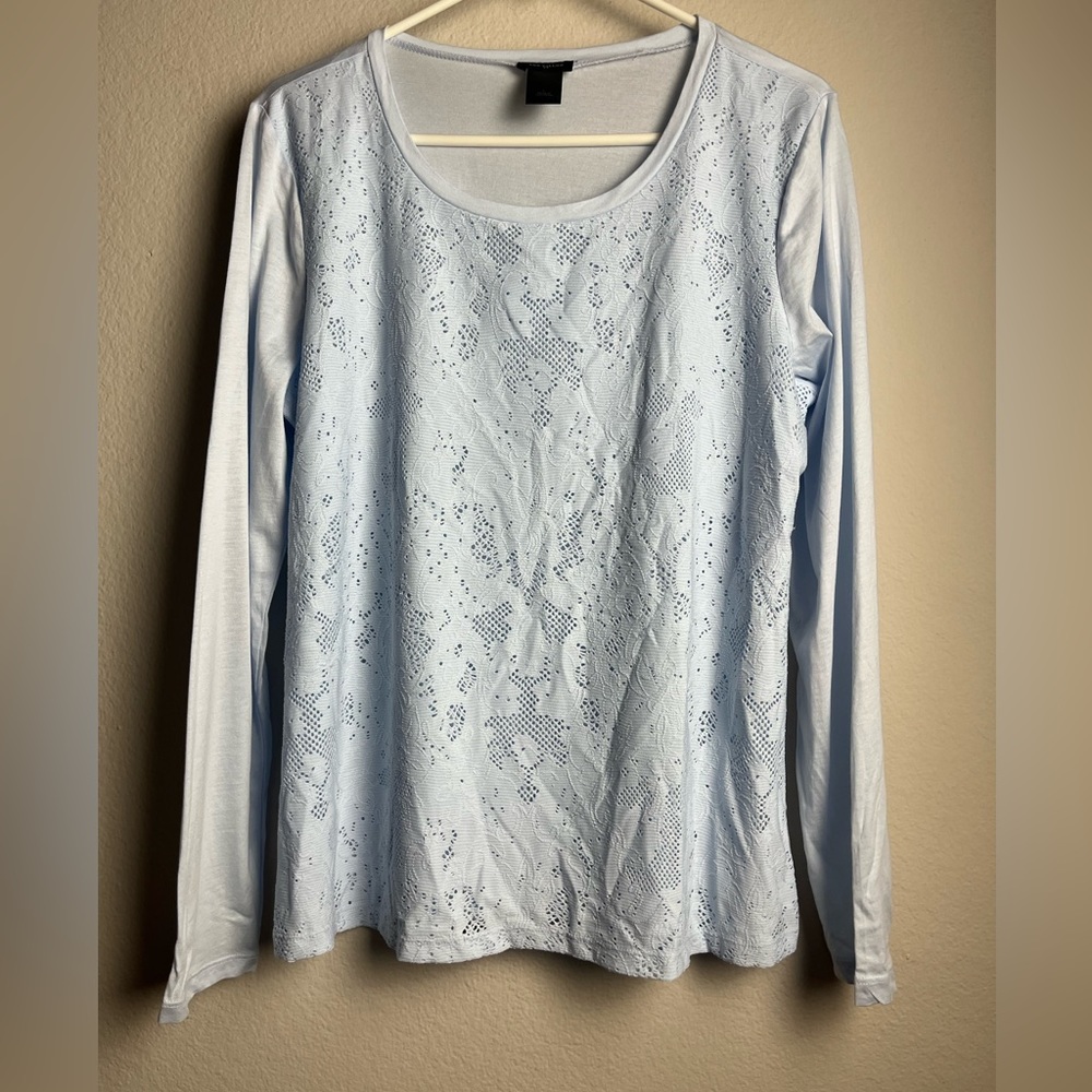 ANN TAYLOR FACTORY BLUE CROCHET PULLOVER LONG SLEEVE TOP SIZE LARGE PREOWNED